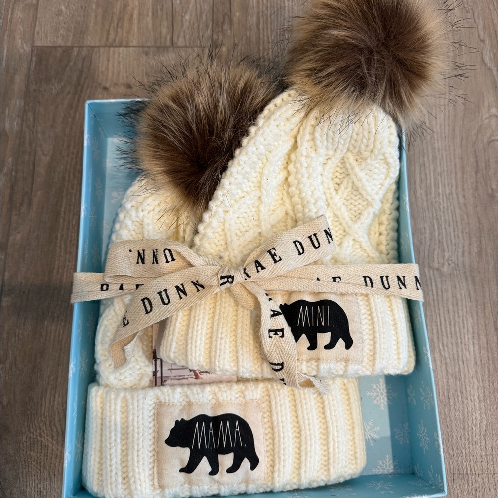 Rae Dunn Cream and Brown Mama AND Mini Knit Hat with Pom Pom